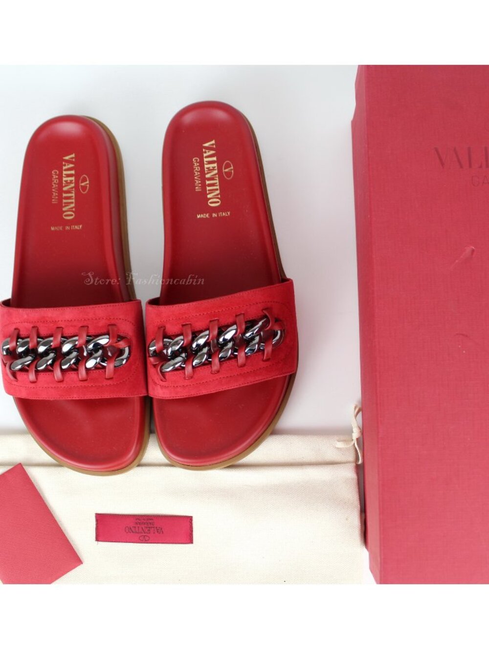 NEW VALENTINO Red Chain Suede Slides Sandals for Summer Luxe Style, Red, EU 36